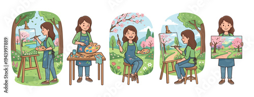 Set of five cute cartoon illustrations showing a happy young female artist in an apron painting a spring landscape with blossoming trees, from mixing paints to finishing the artwork on an easel
