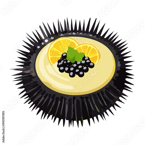 Sophisticated caviar dish in a sea urchin shell with lemon and herb garnish for premium seafood restaurant appetizer - Vector Illustration