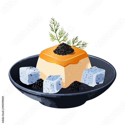 Savory mousse dome with black caviar and herb garnish for elegant gourmet appetizer and restaurant food menu presentation - Vector Illustration