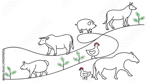 Whimsical illustration of various farm animals on rolling hills with growing plants.