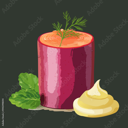 Purple beetroot jelly appetizer with creamy sauce and green herbs garnish for modern vegetarian gourmet cuisine and healthy lifestyle - Vector Illustration