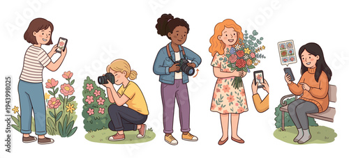 Hand-drawn illustrations of diverse women taking photos of flowers with cameras and smartphones, showing various photography hobbies in a cute, charming cartoon style