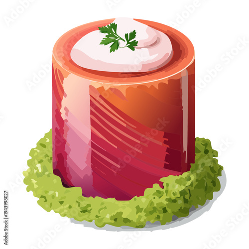 Pink berry panna cotta dessert with white cream topping and mint leaf garnish for sweet treat and pastry shop menu - Vector Illustration