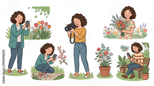 Set of hand-drawn cartoon illustrations showing a happy young woman enjoying her hobby of photographing flowers with a camera and smartphone, holding a bouquet, and relaxing on a bench