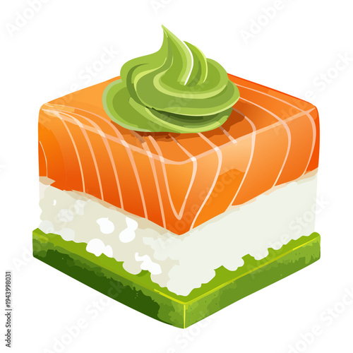 Creative salmon and herb cube with creamy topping for modern gourmet seafood appetizer and restaurant food menu - Vector Illustration