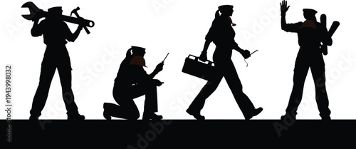 Set of Military Soldier Silhouettes Featuring Armed Infantry Men in Standing and Kneeling Poses Holding Assault Rifles Isolated on White Background for Tactical Design (24 words)Print