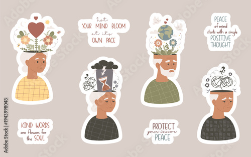 Black Senior Mental Health Sticker Pack with Inspirational Quotes and Affirmations. Isolated Vector African American Elderly with Wellness Metaphors and Self-Care Phrases. 