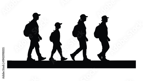 Silhouette of four people walking in a line with backpacks and hats on a white background