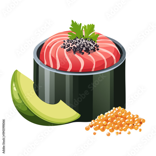 Modern seafood appetizer with salmon and avocado layers topped with caviar for luxury dining and high end culinary events - Vector Illustration