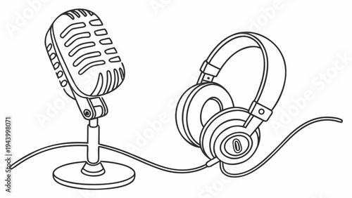 Vintage microphone and modern headphones on a clean white background, ready for recording.