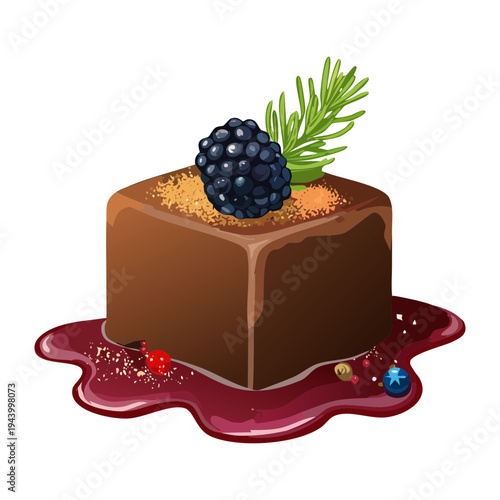 Premium dark chocolate dessert with forest fruit garnish and raspberry sauce for high end restaurant and luxury confectionery - Vector Illustration
