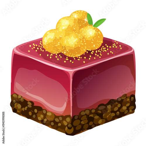 Elegant pink dessert cube with golden flakes and herb garnish for sophisticated pastry shop and luxury wedding catering - Vector Illustration