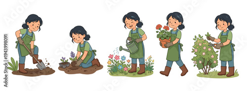 Set of five cartoon illustrations showing a young girl gardening, from digging soil with a shovel and planting seedlings to watering flowers, carrying a pot, and pruning a bush