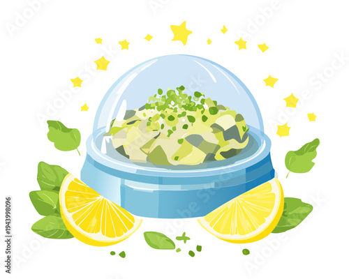 Blue bowl of gourmet dip with lemon and herb garnish for Mediterranean snack and healthy appetizer collection - Vector Illustration