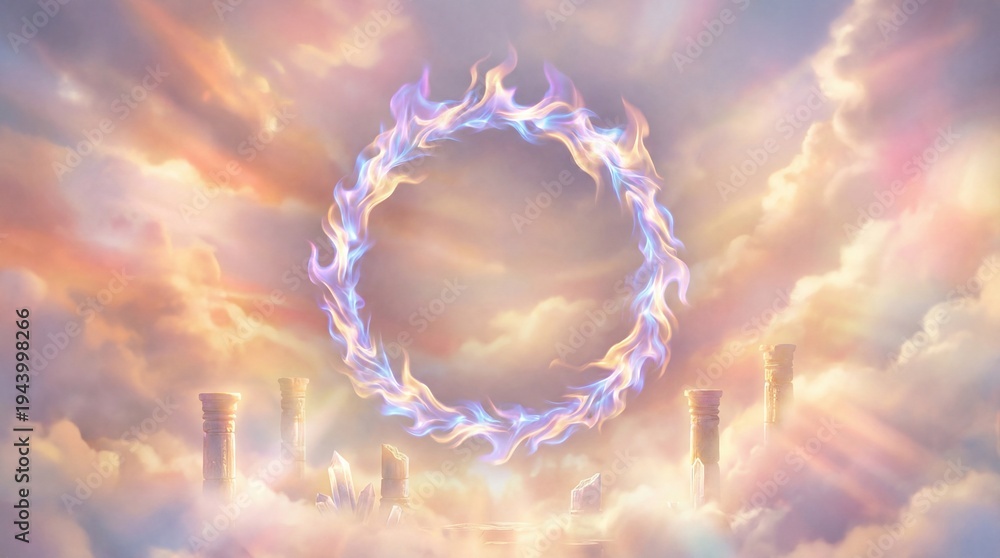 Naklejka premium Fiery ring portal swirling in stormy sky concept. A mystical circular portal surrounded by serene clouds.