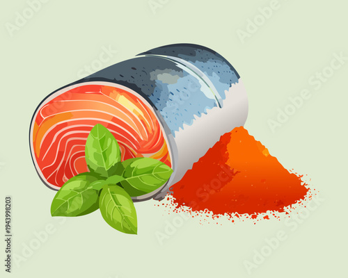 Smoked salmon slice with red spice topping and herb garnish for luxury seafood appetizer and fine dining menu - Vector Illustration