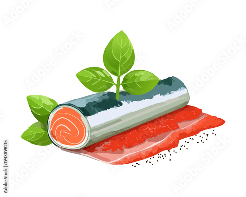 Fresh salmon fillet with herb garnish and red spice for healthy seafood meal and gourmet restaurant presentation - Vector Illustration