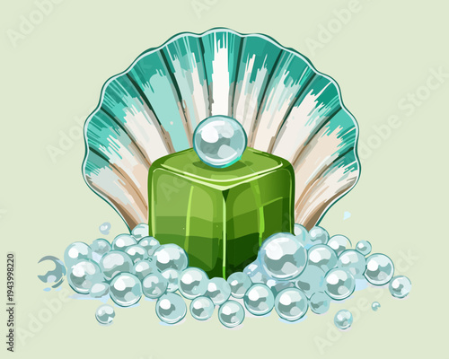 Square seafood jelly with pearl and shell garnish for luxury marine themed appetizer and creative culinary art - Vector Illustration
