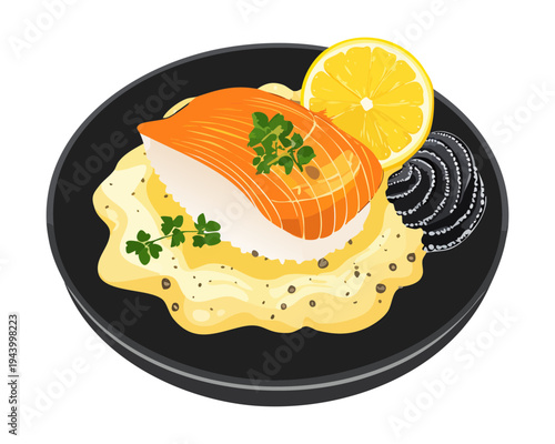 Gourmet roasted salmon with lemon and creamy sauce for healthy seafood dinner and premium restaurant menu - Vector Illustration