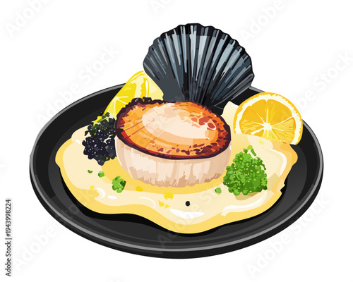 Luxury seafood platter with grilled fish and oyster shell for premium fine dining and coastal gourmet experience - Vector Illustration