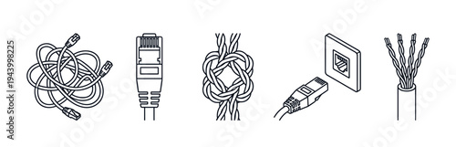 Collection of network cable vector line icons illustrating a tangled ethernet cord, RJ45 plug, twisted pair wires, wall port, and connection process in a minimalist style