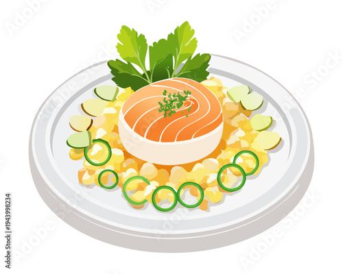 Poached egg on rice bed with salmon and herb garnish for healthy gourmet breakfast and elegant brunch - Vector Illustration
