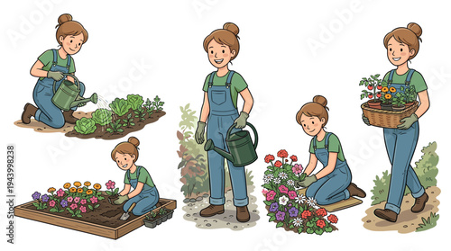 Cartoon illustration set of a woman gardening, showing various activities like watering vegetables, planting flowers in a raised bed, and carrying potted seedlings in a basket