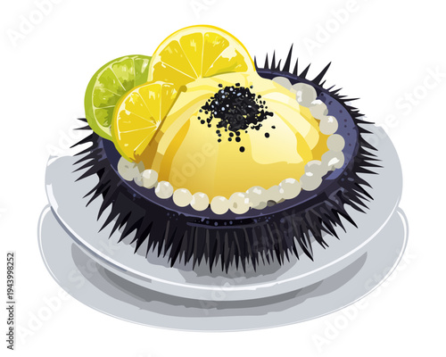 Sea urchin appetizer with black caviar and lemon garnish for luxury seafood dining and premium sushi menu - Vector Illustration