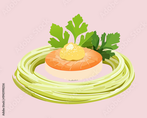 Thin noodle nest with poached egg and salmon garnish for creative gourmet breakfast and modern brunch menu - Vector Illustration