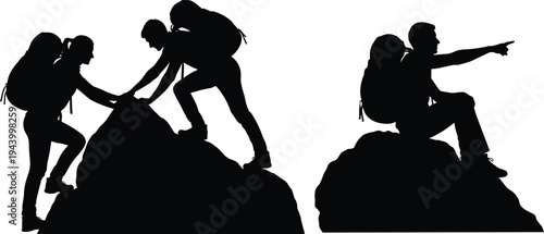 Set of mountain climber silhouettes with backpacks hiking together, helping each other up rocks and pointing at summit landscape view