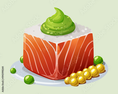 Gourmet salmon cube with avocado mousse and green peas for healthy seafood appetizer and modern dining art - Vector Illustration