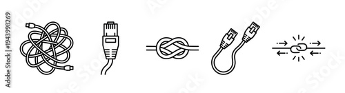 Set of black line art icons depicting tangled cables, ethernet connectors, knots, and data transfer symbols for connection and networking concepts in a minimalist vector style