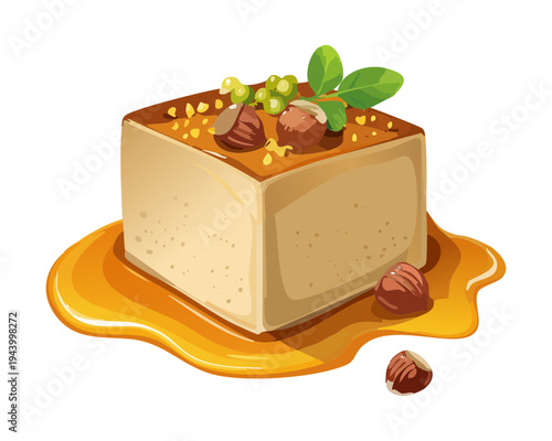 Square pâté terrine with golden sauce and nut garnish for sophisticated gourmet appetizer and French cuisine menu - Vector Illustration