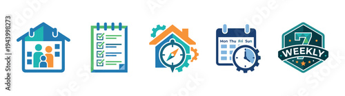 Set of five colorful vector icons representing family life, checklists, home maintenance, time management, and weekly planning for organizational concepts