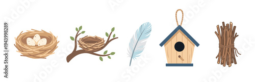 Set of bird-themed spring illustrations featuring a nest with eggs, an empty nest on a branch, a blue feather, a wooden birdhouse, and a bundle of sticks