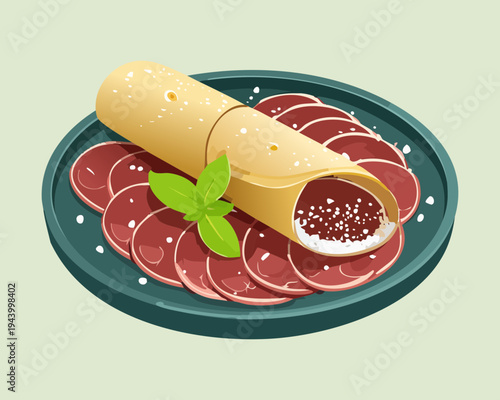 Savory meat roll with herb garnish and red spice for traditional gourmet appetizer and festive banquet menu - Vector Illustration