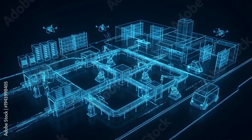 Futuristic blueprint visualization of a smart factory floor incorporating automated robotics, aerial drones, and autonomous vehicle logistics.