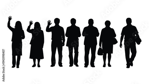 A group of seven people walking in a line, with two waving, depicted in black silhouette against a white background, conveying a sense of movement and greeting.