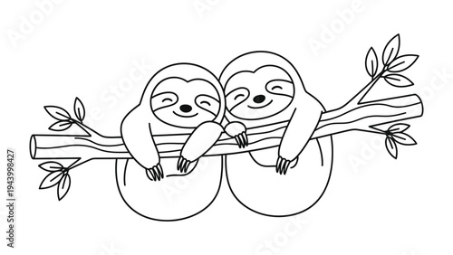 Cozy Sloths on Branch: Two adorable sloths sharing a moment of tranquility and affection while perched on a sturdy branch, their gentle smiles evoking a sense of calm and contentment. 