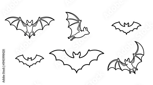 Collection of black line art bat illustrations in various flying poses, presented as a minimalist graphic icon set for spooky Halloween or horror themed design projects