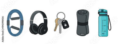 Gym workout essentials collection with a resistance band, wireless headphones, car keys, a rolled towel, and a reusable water bottle in a clean cartoon vector drawing