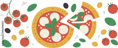 Margherita Pizza With Fresh Ingredients And Scattered Elements italian food