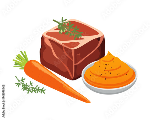 Roasted beef steak with carrot and herb garnish for healthy gourmet meal and premium restaurant dinner menu - Vector Illustration