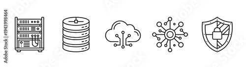 Five black outline technology icons in a row showing a server rack, database, cloud computing symbol, network hub, and a security shield with a padlock