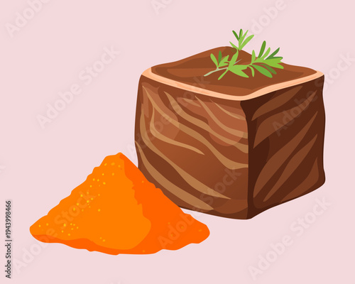 Cocoa chocolate cube with red spice topping and rosemary garnish for creative sweet treat and gourmet dessert - Vector Illustration