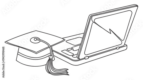 Graduation cap and diploma on an open laptop symbolizing online education and digital learning achievement.