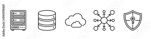 Set of black line art icons representing server hardware, database storage, cloud computing, network distribution, and cybersecurity shield concepts for technology themes