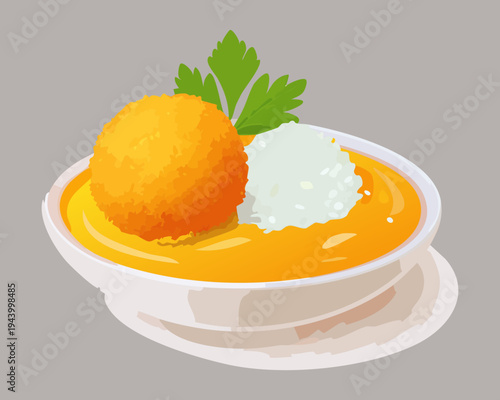 Fried dough ball with creamy sauce and herb garnish for gourmet snack and traditional appetizer menu - Vector Illustration