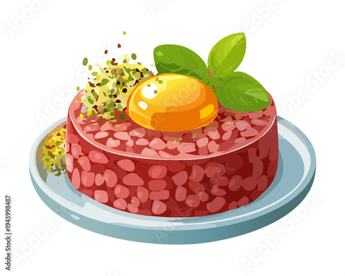 Modern meat appetizer with egg yolk and herb garnish for creative culinary art and premium restaurant menu - Vector Illustration