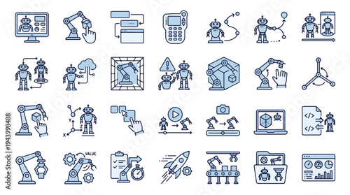 Logistics and Supply Chain Icon Set featuring Autonomous Trucks, Warehouse Management, Smart Shipping, Freight Transportation, Inventory Control, Global Distribution, Delivery Fleet, Cargo Tracking